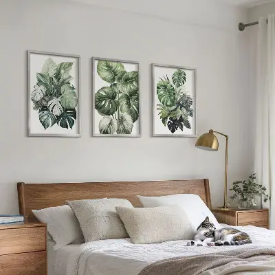 Juego de 3 cuadros con acuarela de hojas tropicales verdes