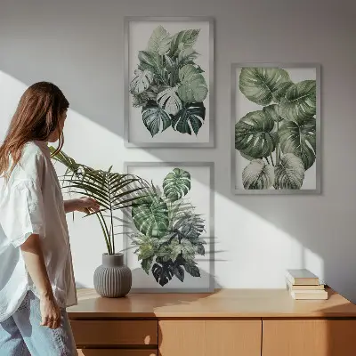 Juego de 3 cuadros con acuarela de hojas tropicales verdes