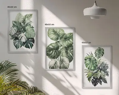Juego de 3 cuadros con acuarela de hojas tropicales verdes