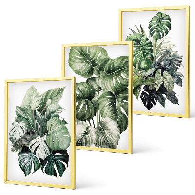 Juego de 3 cuadros Acuarela de hojas tropicales verdes