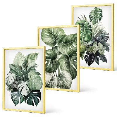 Juego de 3 cuadros con acuarela de hojas tropicales verdes