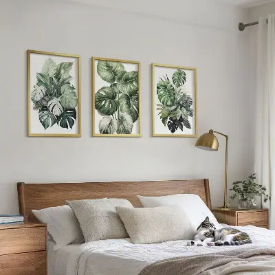 Juego de 3 cuadros con acuarela de hojas tropicales verdes