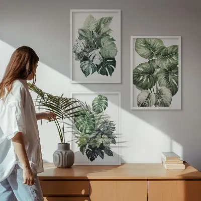 Juego de 3 cuadros con acuarela de hojas tropicales verdes