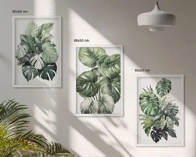 Juego de 3 cuadros con acuarela de hojas tropicales verdes