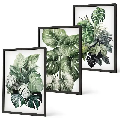 Juego de 3 cuadros con acuarela de hojas tropicales verdes