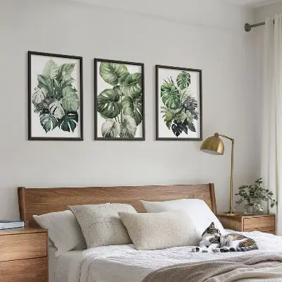 Juego de 3 cuadros con acuarela de hojas tropicales verdes