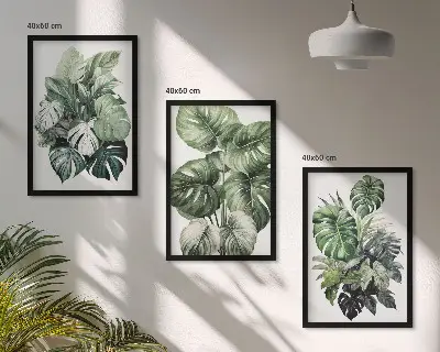 Juego de 3 cuadros con acuarela de hojas tropicales verdes
