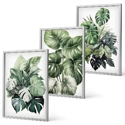 Juego de 3 cuadros con acuarela de hojas tropicales verdes