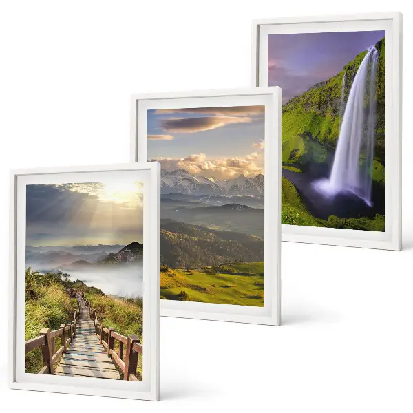 Set de 3 cuadros de paisajes de montaña con cascada para salón