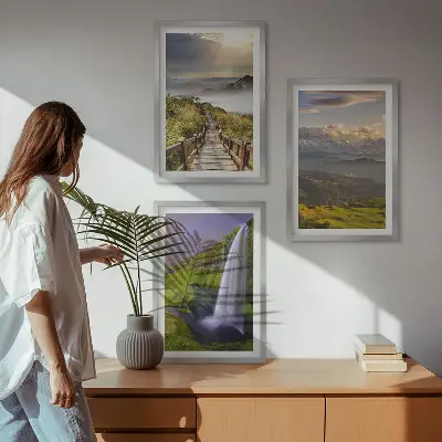 Set de 3 cuadros de paisajes de montaña con cascada para salón