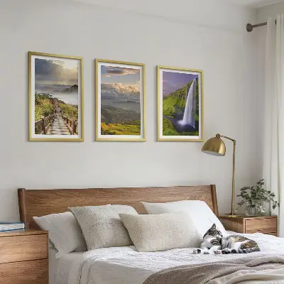 Set de 3 cuadros de paisajes de montaña con cascada para salón