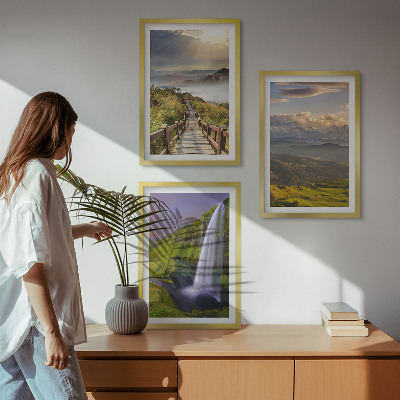 Set de 3 cuadros para salón paisajes de montaña cascada