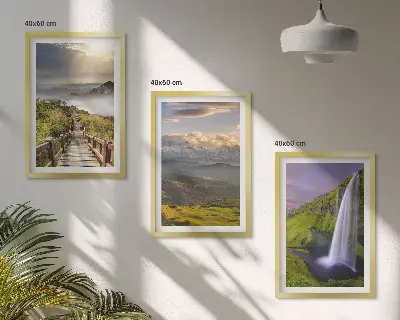 Set de 3 cuadros de paisajes de montaña con cascada para salón