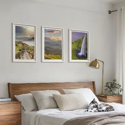 Set de 3 cuadros de paisajes de montaña con cascada para salón