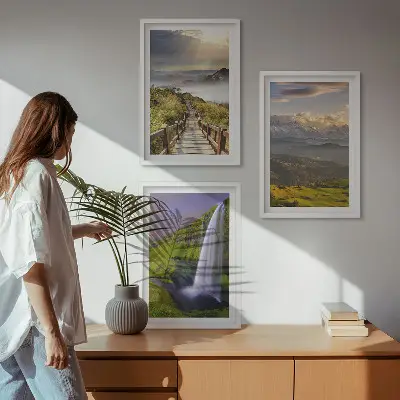 Set de 3 cuadros de paisajes de montaña con cascada para salón