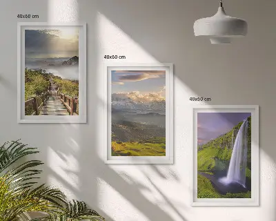 Set de 3 cuadros de paisajes de montaña con cascada para salón