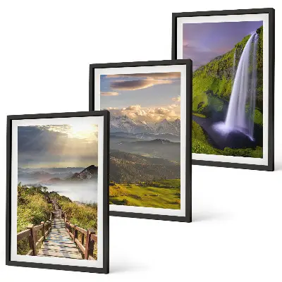 Set de 3 cuadros de paisajes de montaña con cascada para salón