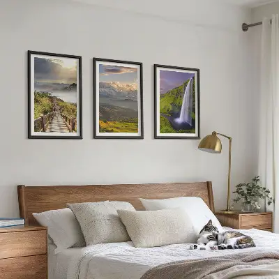 Set de 3 cuadros de paisajes de montaña con cascada para salón