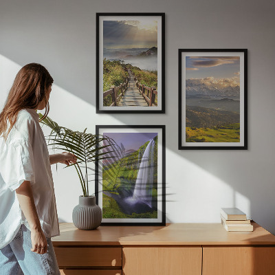 Set de 3 cuadros para salón paisajes de montaña cascada
