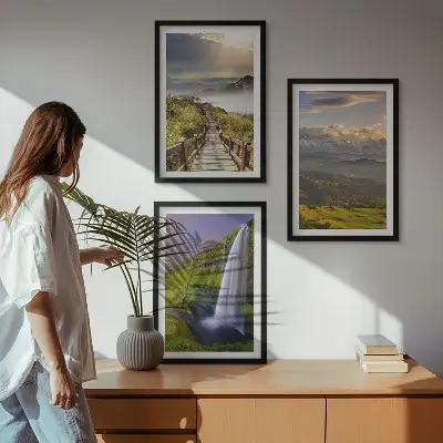 Set de 3 cuadros de paisajes de montaña con cascada para salón