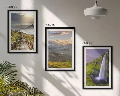 Set de 3 cuadros de paisajes de montaña con cascada para salón