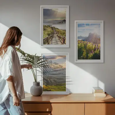 Juego de 3 cuadros de paisaje montañoso con flores decoración de pared