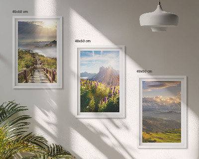 Juego de 3 cuadros Paisaje montañoso con flores