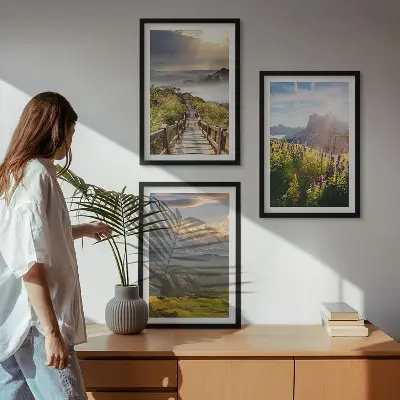 Juego de 3 cuadros de paisaje montañoso con flores decoración de pared