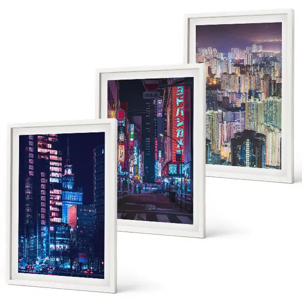 Set de 3 cuadros para salón diseño de luces de neón en la ciudad nocturna