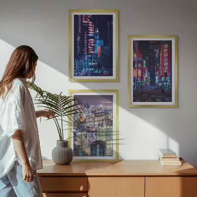 Set de 3 cuadros para salón Luces de neón de la ciudad nocturna