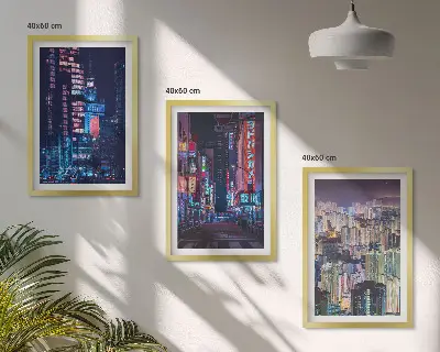 Set de 3 cuadros para salón diseño de luces de neón en la ciudad nocturna