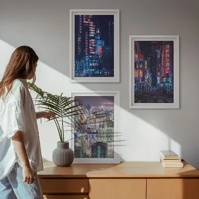 Set de 3 cuadros para salón diseño de luces de neón en la ciudad nocturna