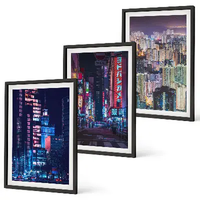 Set de 3 cuadros para salón diseño de luces de neón en la ciudad nocturna