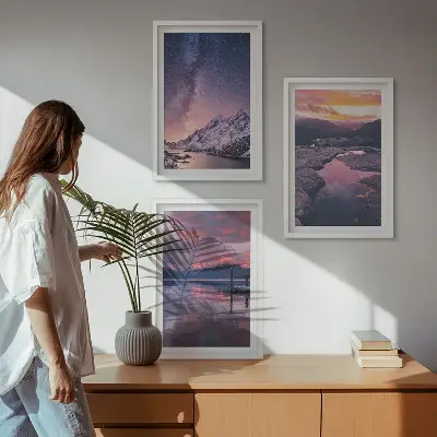 Juego de 3 cuadros decorativos con paisajes naturales de montañas y agua