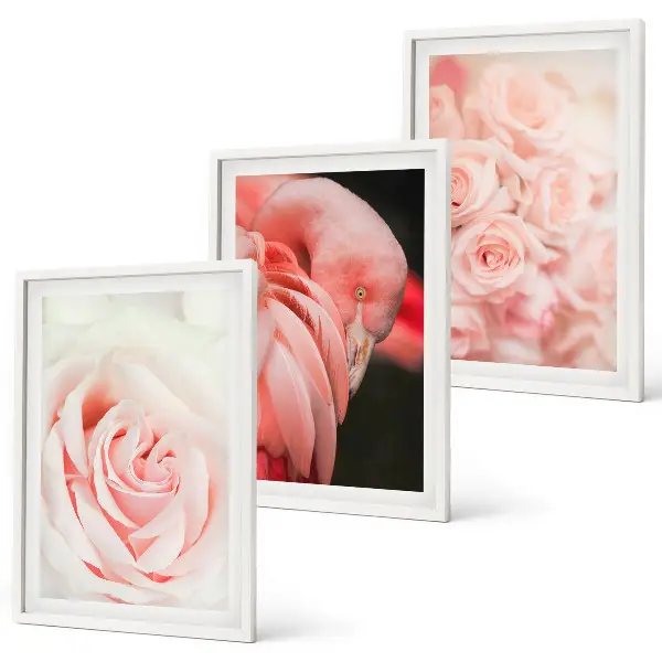 Set de 3 cuadros para salón con diseño de flamencos en color rosa pastel