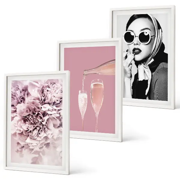 Set de 3 cuadros para salón con diseño de rosas y una dama elegante