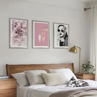Set de 3 cuadros para salón con diseño de rosas y una dama elegante