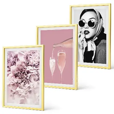 Set de 3 cuadros para salón con diseño de rosas y una dama elegante