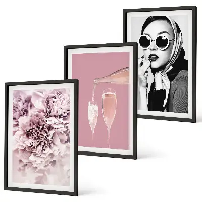Set de 3 cuadros para salón con diseño de rosas y una dama elegante