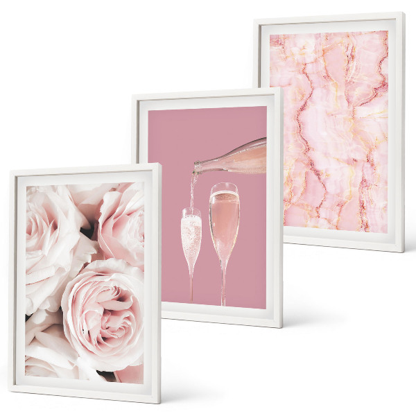 Set de 3 cuadros para salón Rosas color champán sobre fondo de mármol