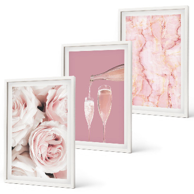 Set de 3 cuadros para salón Rosas color champán sobre fondo de mármol