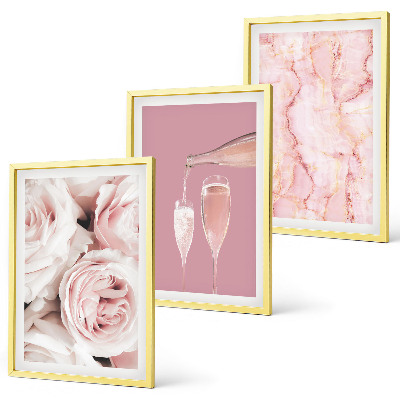 Set de 3 cuadros para salón Rosas color champán sobre fondo de mármol