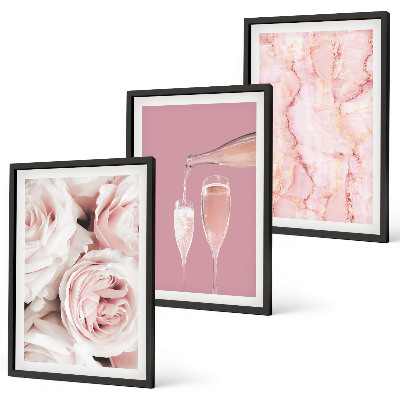 Set de 3 cuadros para salón Rosas color champán sobre fondo de mármol
