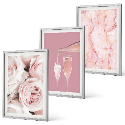 Set de 3 cuadros para salón Rosas color champán sobre fondo de mármol