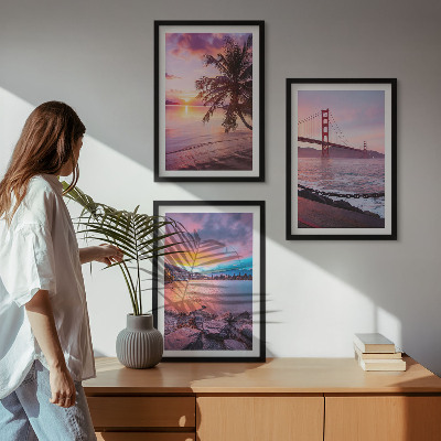 Juego de 3 cuadros Paisaje del puente al atardecer