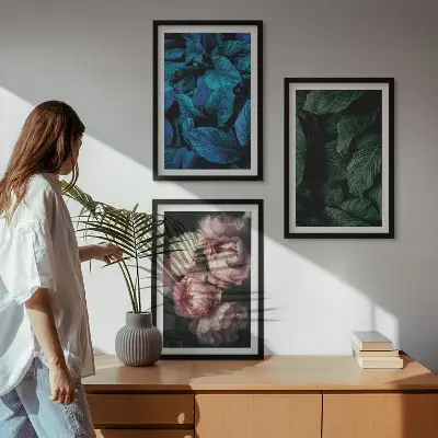 Set de 3 cuadros decorativos con diseño de hojas y flores en colores variados