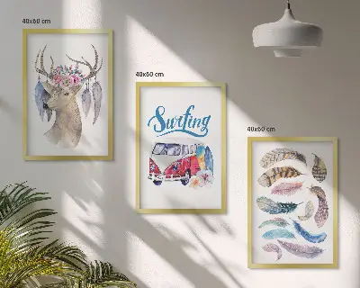 Juego de 3 cuadros con diseño de furgoneta y ciervo con astas florales