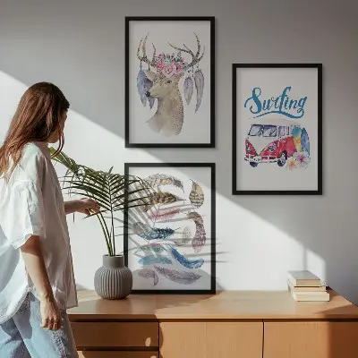 Juego de 3 cuadros con diseño de furgoneta y ciervo con astas florales