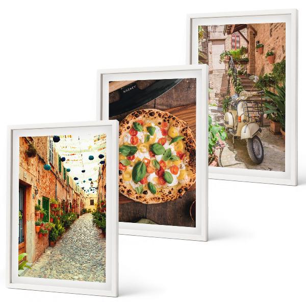 Set de 3 cuadros para salón Calles encantadoras con pizza