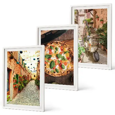 Set de 3 cuadros para salón con diseño de calles encantadoras y pizza